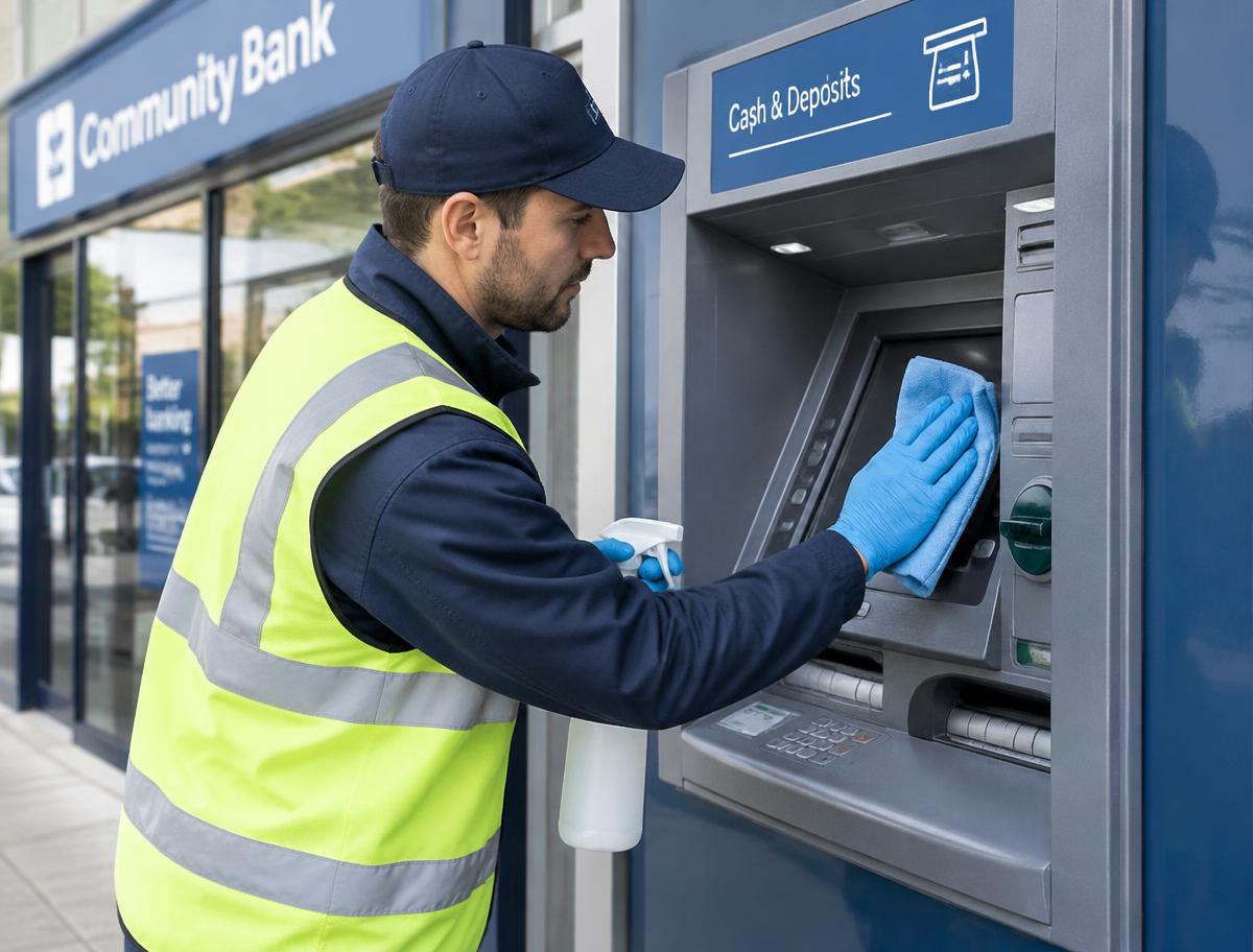 Technician cleaning an ATM machine