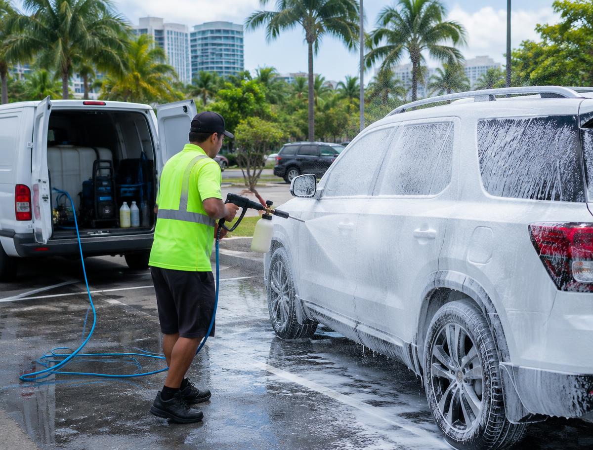 Worker washing a vehicle with a foam spray gun at a mobile car wash