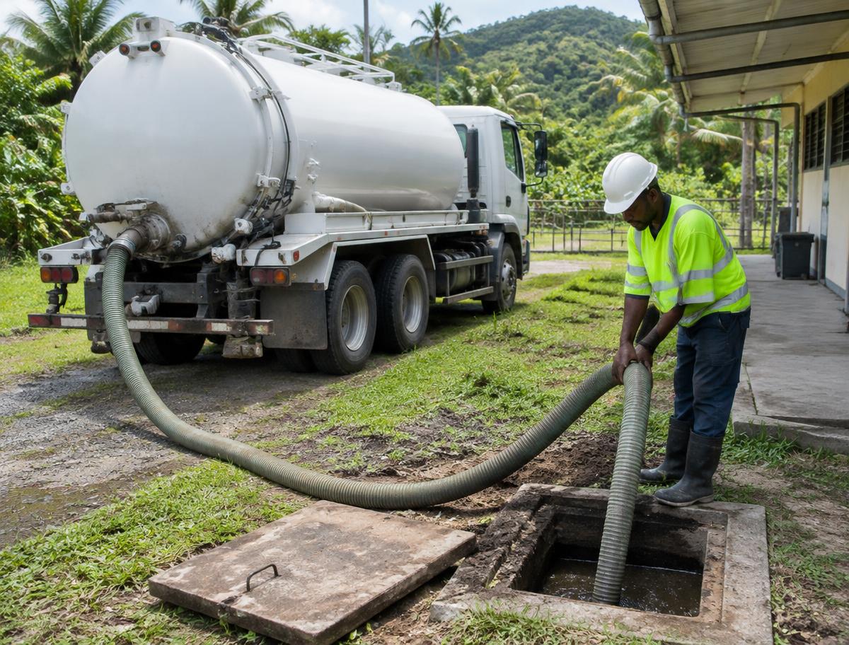 Worker pumping out a septic tank with a vacuum truck