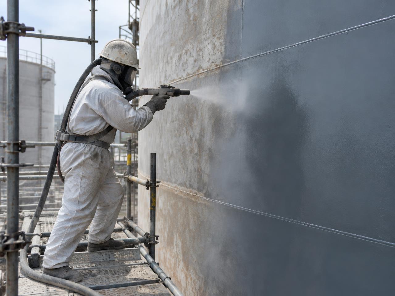 Illustrative image of abrasive blasting and coating on a storage tank wall