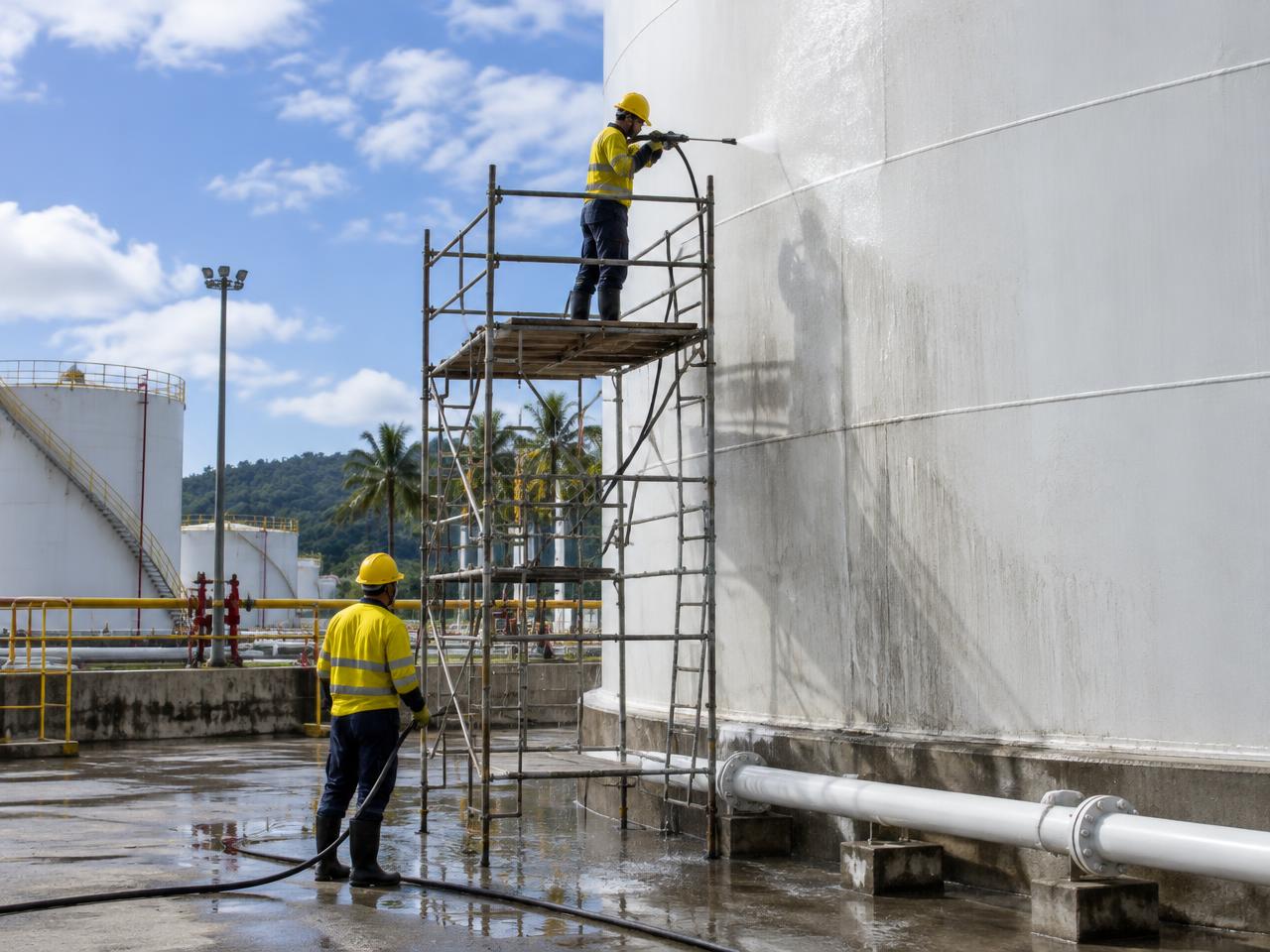 Illustrative image of workers cleaning a large fuel storage tank